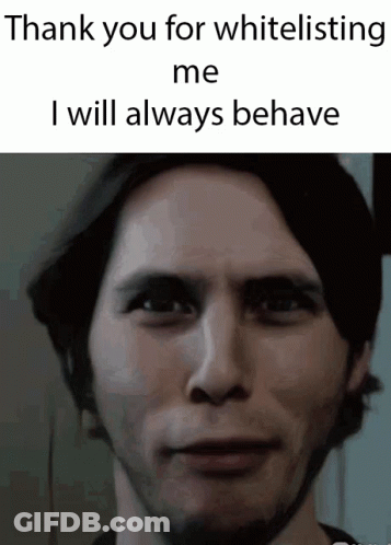 A Close Up Of A Man 'S Face With The Words " Thank You For Whitelisting Me I Will Always Behave " GIF
