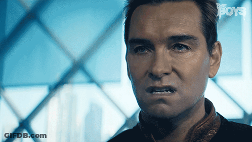 A Close Up Of A Man 'S Face With The Words " The Boys " On The Bottom GIF