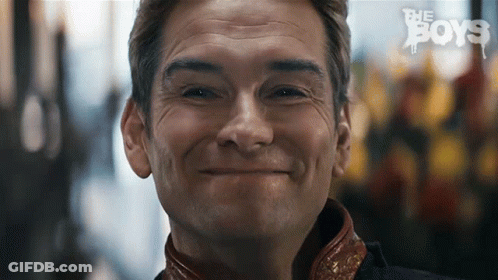A Close Up Of A Man 'S Face With The Words The Boys Written On The Bottom GIF