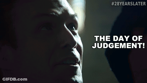 A Close Up Of A Man 'S Face With The Words " The Day Of Judgement " On The Bottom GIF