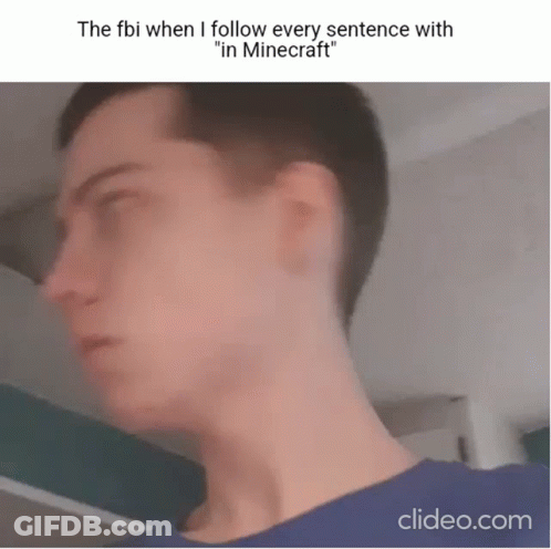 A Close Up Of A Man 'S Face With The Words `` The Fbi When I Follow Every Sentence With `` In Minecraft '' GIF