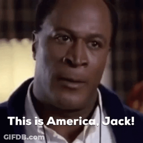A Close Up Of A Man 'S Face With The Words `` This Is America , Jack '' Written On The Bottom . GIF