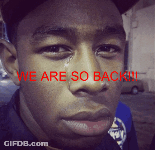 A Close Up Of A Man 'S Face With The Words We Are So Back Written In Red GIF
