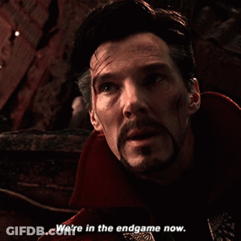 A Close Up Of A Man 'S Face With The Words " We 'Re In The Endgame Now " GIF