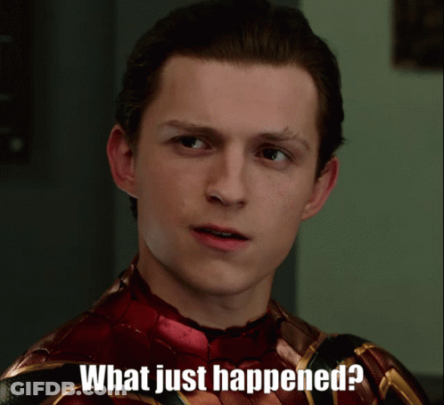 A Close Up Of A Man 'S Face With The Words What Just Happened GIF