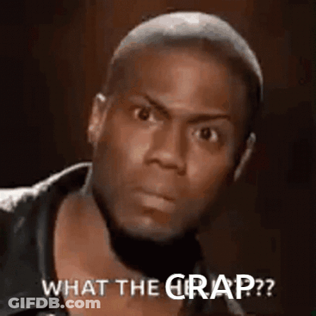 A Close Up Of A Man 'S Face With The Words `` What The Crap ? '' Written On It . GIF