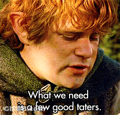 A Close Up Of A Man 'S Face With The Words " What We Need Is A Few Good Taters " GIF