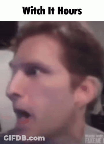 A Close Up Of A Man 'S Face With The Words " Witch It Hours " Above It GIF