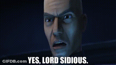 A Close Up Of A Man 'S Face With The Words `` Yes , Lord Sidious '' Written Below It . GIF