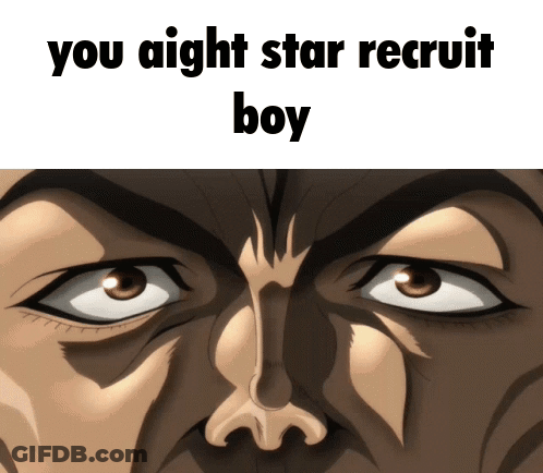 A Close Up Of A Man 'S Face With The Words " You Aight Star Recruit Boy " Above It GIF