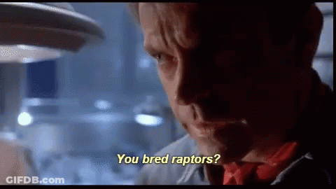 A Close Up Of A Man 'S Face With The Words " You Bred Raptors " On The Bottom GIF