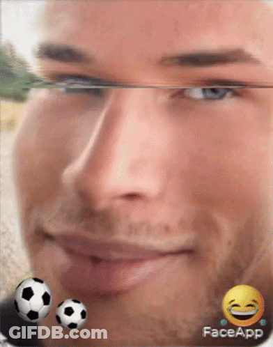 A Close Up Of A Man 'S Face With Two Soccer Balls And A Face App Logo GIF