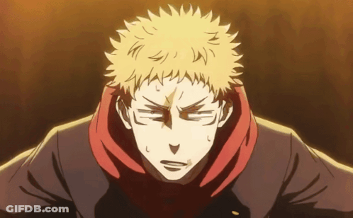A Close Up Of A Man 'S Face With Yellow Hair And A Red Hoodie GIF