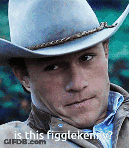 A Close Up Of A Man Wearing A Cowboy Hat With The Words Is This Figglekenny On The Bottom GIF