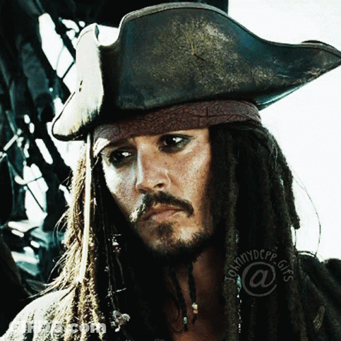 A Close Up Of A Man Wearing A Pirate Hat With Johnnydcpp Gifs In The Corner GIF
