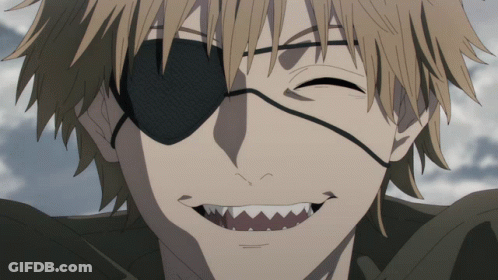 A Close Up Of A Man With An Eye Patch And Sharp Teeth Smiling GIF