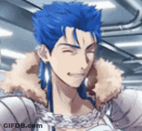 A Close Up Of A Man With Blue Hair And A Fur Collar . GIF
