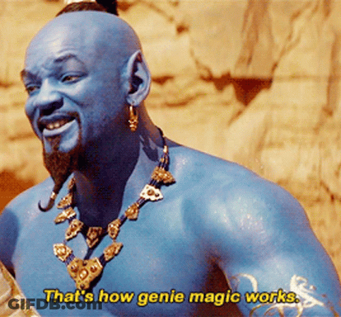 A Close Up Of A Man With Blue Paint On His Face And The Words That 'S How Genie Magic Works GIF
