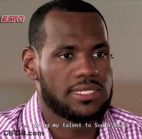 A Close Up Of A Man With The Words " I 'M Taking My Talent To South Beach " On The Bottom GIF