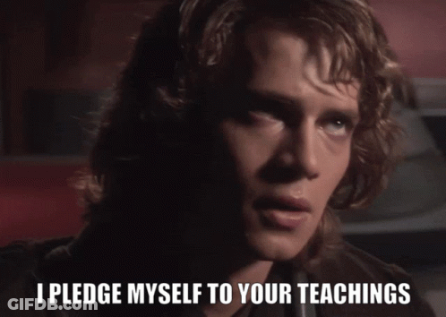 A Close Up Of A Man With The Words " I Pledge Myself To Your Teachings " GIF