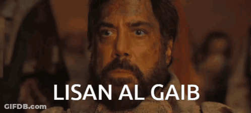 A Close Up Of A Man With The Words Lisan Al Gaib On The Bottom Right GIF