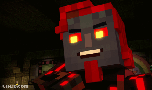 A Close Up Of A Minecraft Character With Red Lights On His Face GIF