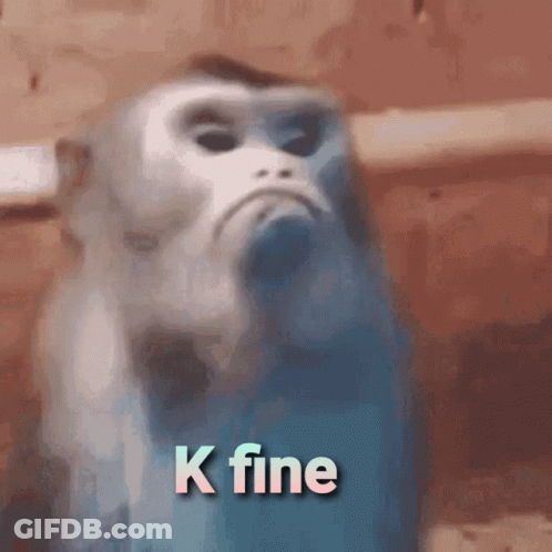 A Close Up Of A Monkey 'S Face With The Words K Fine Written On It GIF