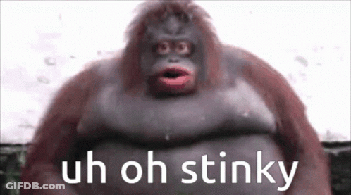 A Close Up Of A Monkey With The Words Uh Oh Stinky Above It GIF