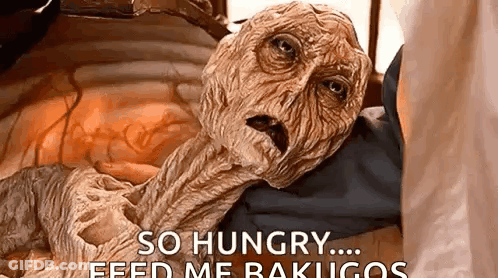 A Close Up Of A Monster Laying On A Bed With A Caption That Says `` So Hungry ... Feed Me Bakugo '' . GIF