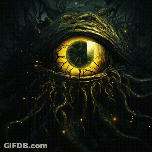 A Close Up Of A Monster 'S Eye With Roots Surrounding It GIF