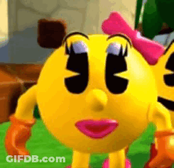 A Close Up Of A Pac Man Cartoon Character With A Pink Bow . GIF