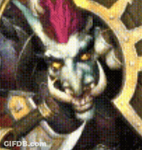 A Close Up Of A Painting Of A Demon With Horns And A Sword . GIF