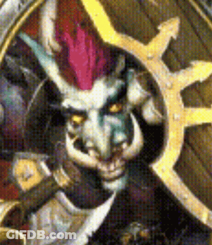 A Close Up Of A Painting Of A Monster With Horns And A Shield . GIF