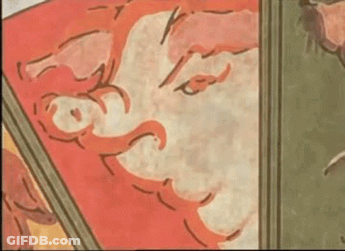 A Close Up Of A Painting Of A Woman 'S Face On A Red And Green Background GIF