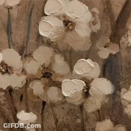 A Close Up Of A Painting Of Flowers With A Brown Background GIF