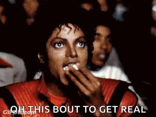 A Close Up Of A Person Eating Popcorn With The Words Oh This Bout To Get Real Behind Them GIF