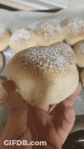A Close Up Of A Person Holding A Bun With Powdered Sugar On Top GIF