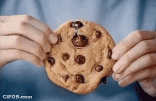 A Close Up Of A Person Holding A Chocolate Chip Cookie In Their Hands GIF
