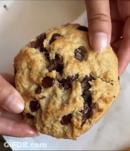 A Close Up Of A Person Holding A Chocolate Chip Cookie With A Bite Taken Out Of It GIF