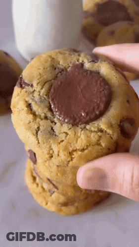A Close Up Of A Person Holding A Cookie With Chocolate Chips GIF