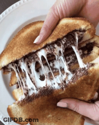 A Close Up Of A Person Holding A Grilled Cheese Sandwich On A White Plate GIF