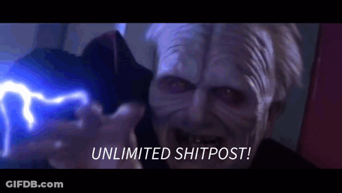 A Close Up Of A Person Holding A Lightning Bolt With The Words `` Unlimited Shitpost '' Written On It . GIF