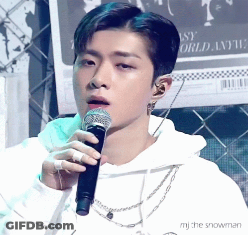 A Close Up Of A Person Holding A Microphone With The Words Mj The Snowman Below GIF