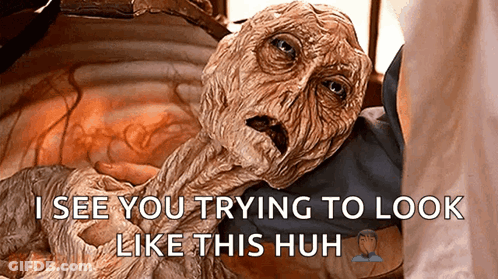 A Close Up Of A Person Holding A Monster With The Caption I See You Trying To Look Like This Huh GIF