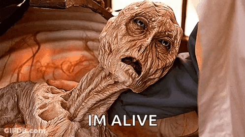 A Close Up Of A Person Holding A Mummy With The Words Im Alive Above It GIF
