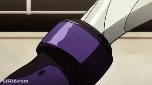 A Close Up Of A Person Holding A Sword With A Purple And Black Strap . GIF