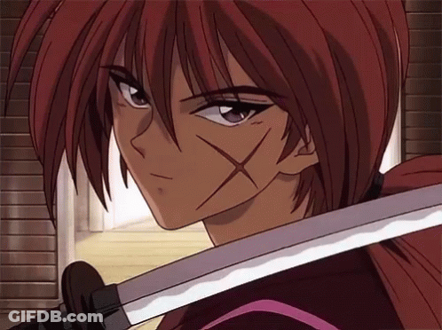 A Close Up Of A Person Holding A Sword With An X On His Face GIF