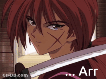A Close Up Of A Person Holding A Sword With The Word Arr Below Them GIF