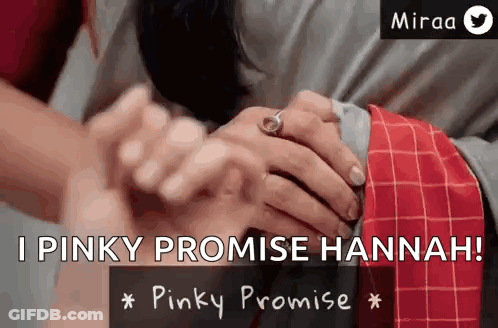 A Close Up Of A Person Holding Another Person 'S Hand With The Words `` Pinky Promise Hannah '' Written Above Them . GIF