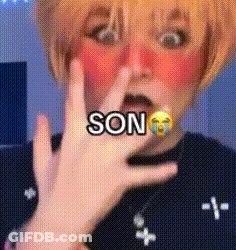 A Close Up Of A Person Making A Funny Face With The Word Son Written On Their Face . GIF